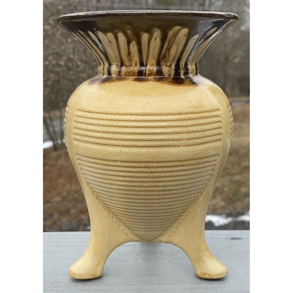 Antique Early 20th C. TECO Ribbed Tripod Footed Yellow Glazed Art Deco Pottery - Picture 11 of 16